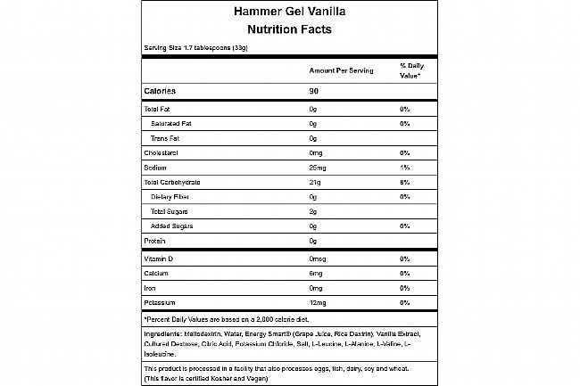 Hammer Nutrition Hammer Gel (Box of 24) Vanilla Nutrition Facts