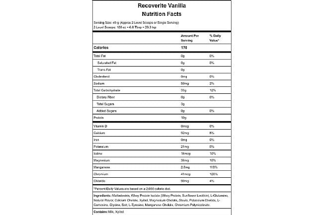 Hammer Nutrition Recoverite 2.0 (Box of 12) Vanilla Nutrition Facts